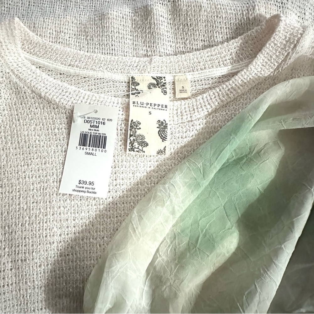 Blu Pepper Buckle NWT Green Tie Dye Sleeve Open Knit Top Tunic Size Small - Picture 5 of 10